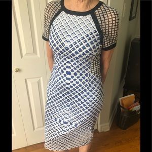 Cocktail dress. Karen Mullen. See through fabric sleeves and upper back.